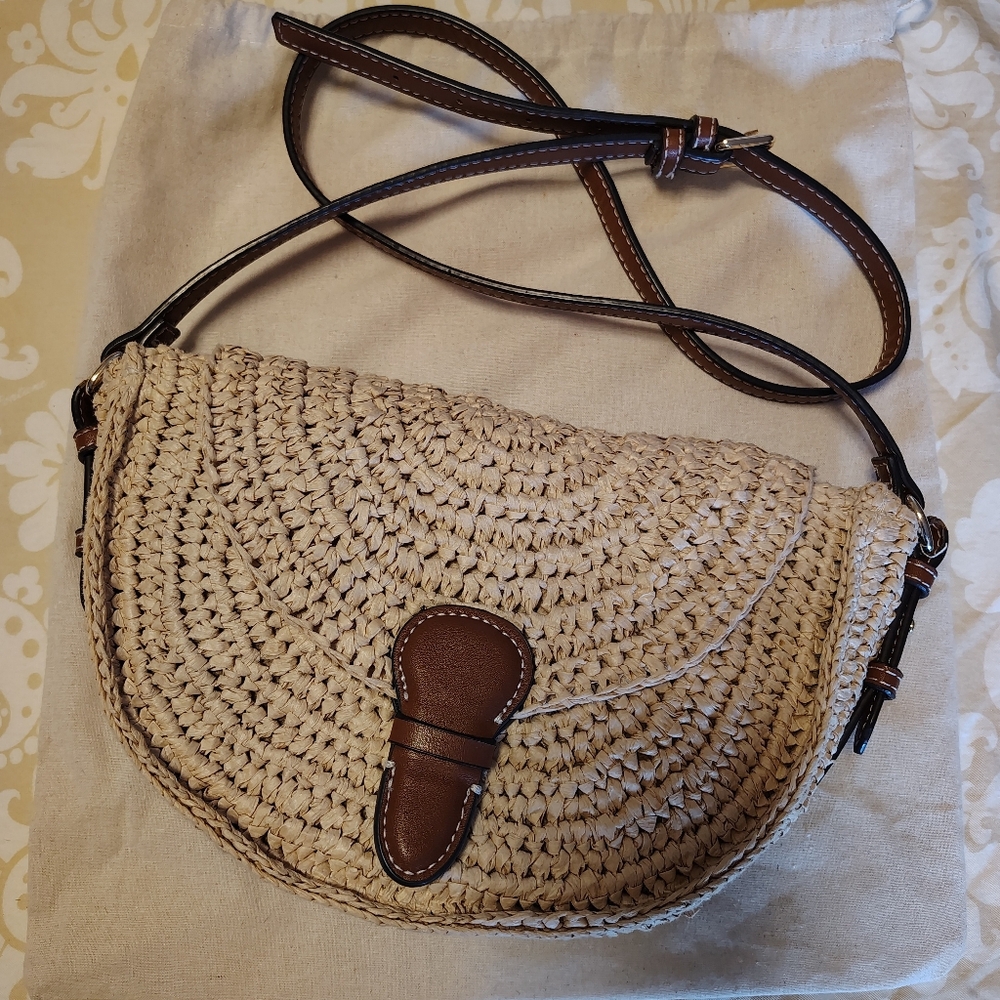 Zara Woven Straw Crossbody Bag with Brown Leather Trim